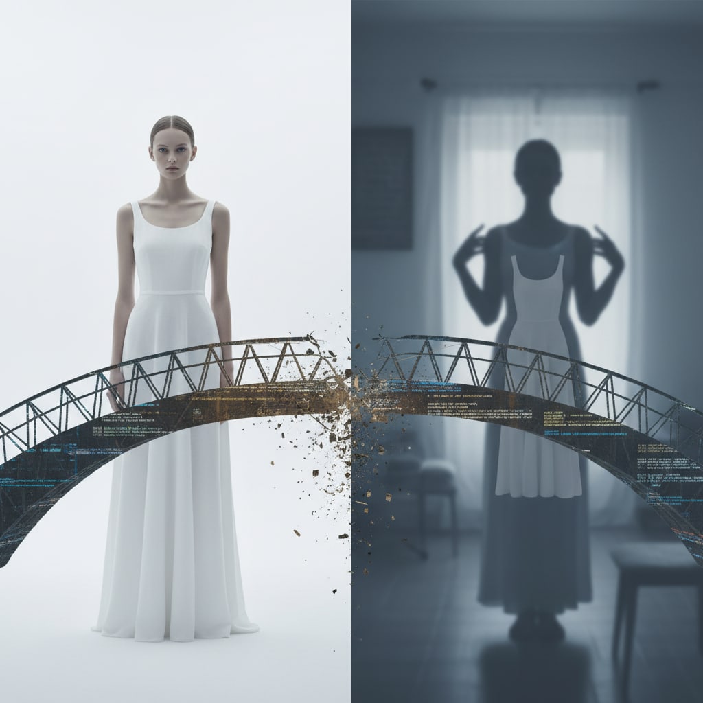 Ilustración sobre los 7 'fails' de moda online que matan tu conversión y confianza - 7 Fails de Compras Online que Solo un Probador Virtual Evita