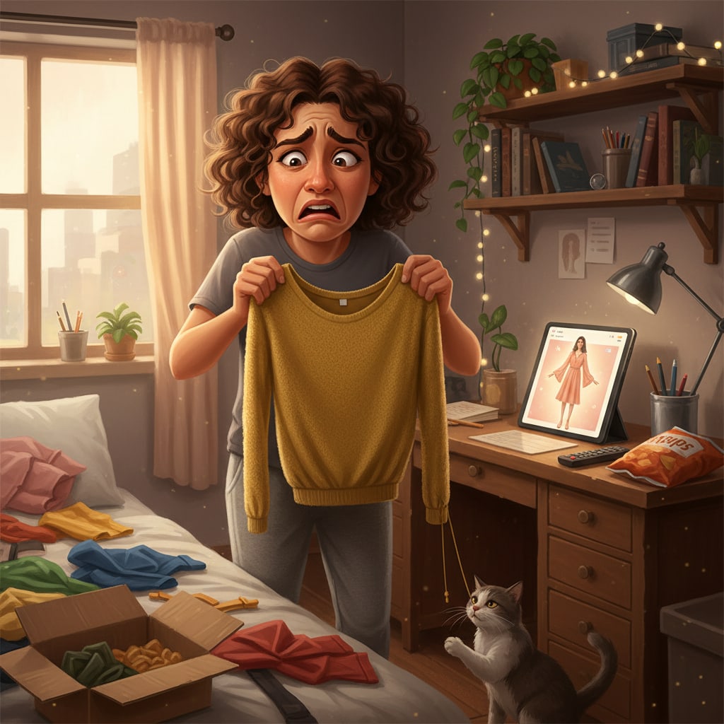 Ilustración sobre expectativa vs. realidad: el meme que duele en la moda online - Expectativa vs. Realidad: ¡Tu probador virtual evita un Fashion Fail!