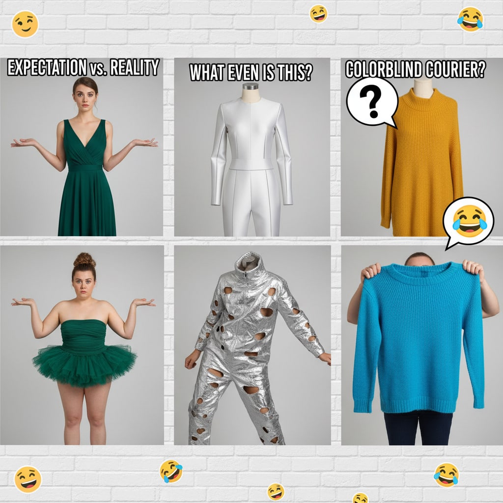 Ilustración sobre la comedia involuntaria del ecommerce: cuando la moda online nos juega una pasada - Expectativa vs. Realidad: Los Fails de Moda Online que nos Divierten y Preocupan