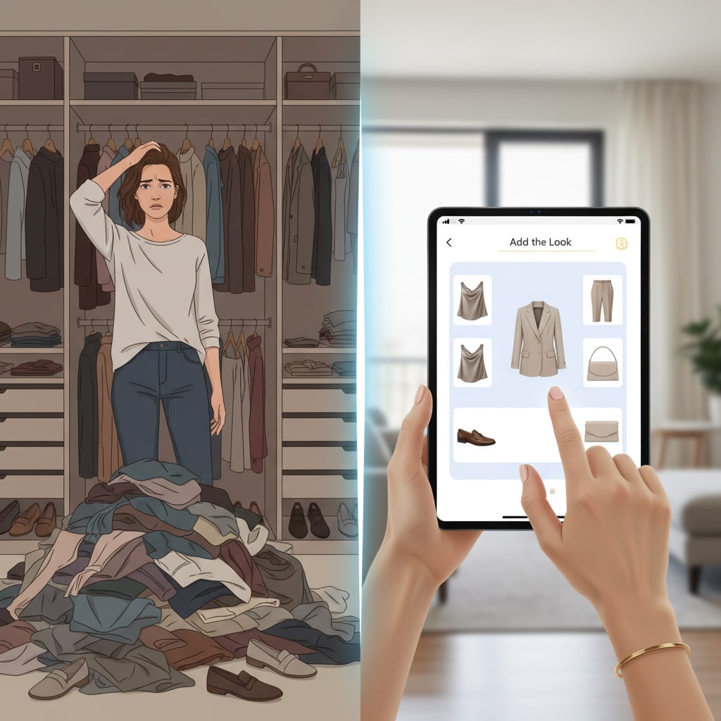 Ilustración sobre el fin del dilema cotidiano: la ia como tu estilista personal - Adiós al 'Qué Me Pongo': IA y 'Add the Look' Revolucionan tu Clóset