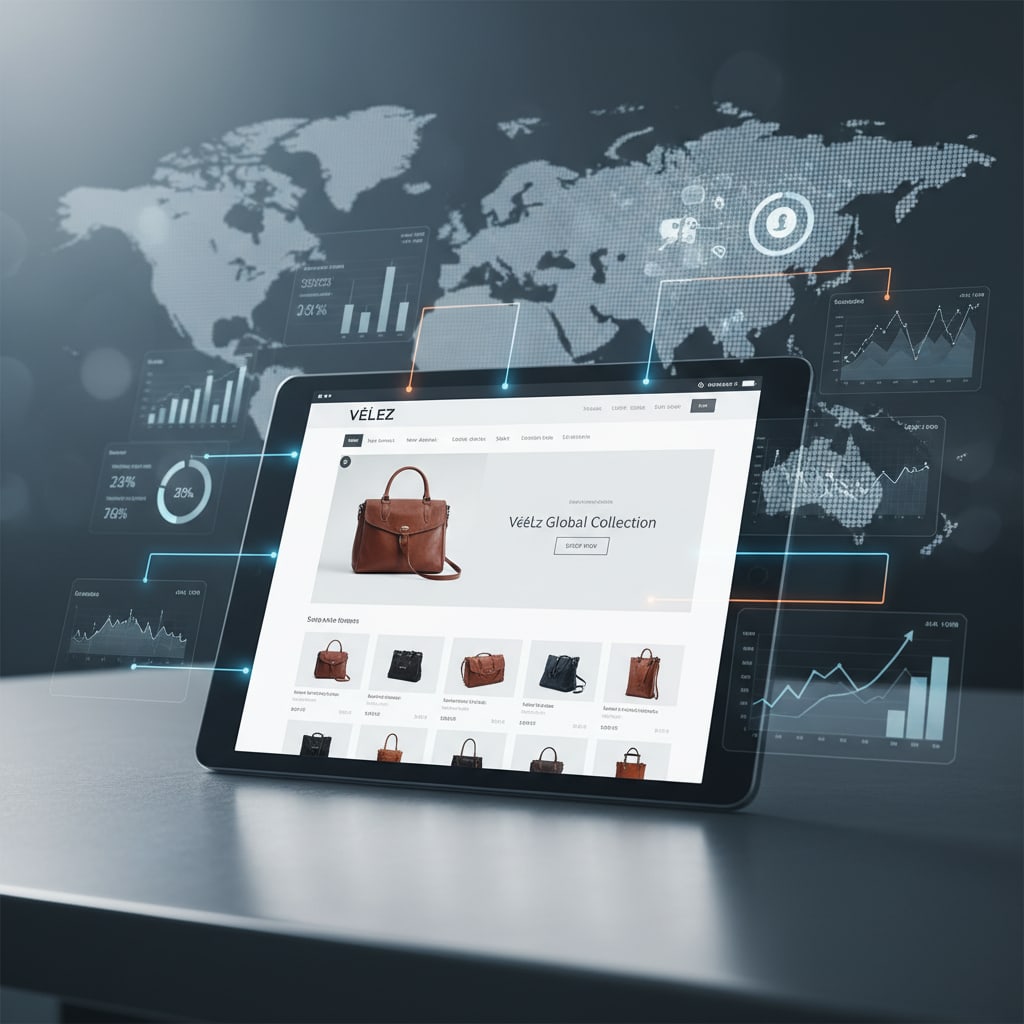 Ilustración sobre el adn de vélez: más allá del cuero, una identidad global - Vélez: La Estrategia E-commerce que Conquista España y EE. UU.