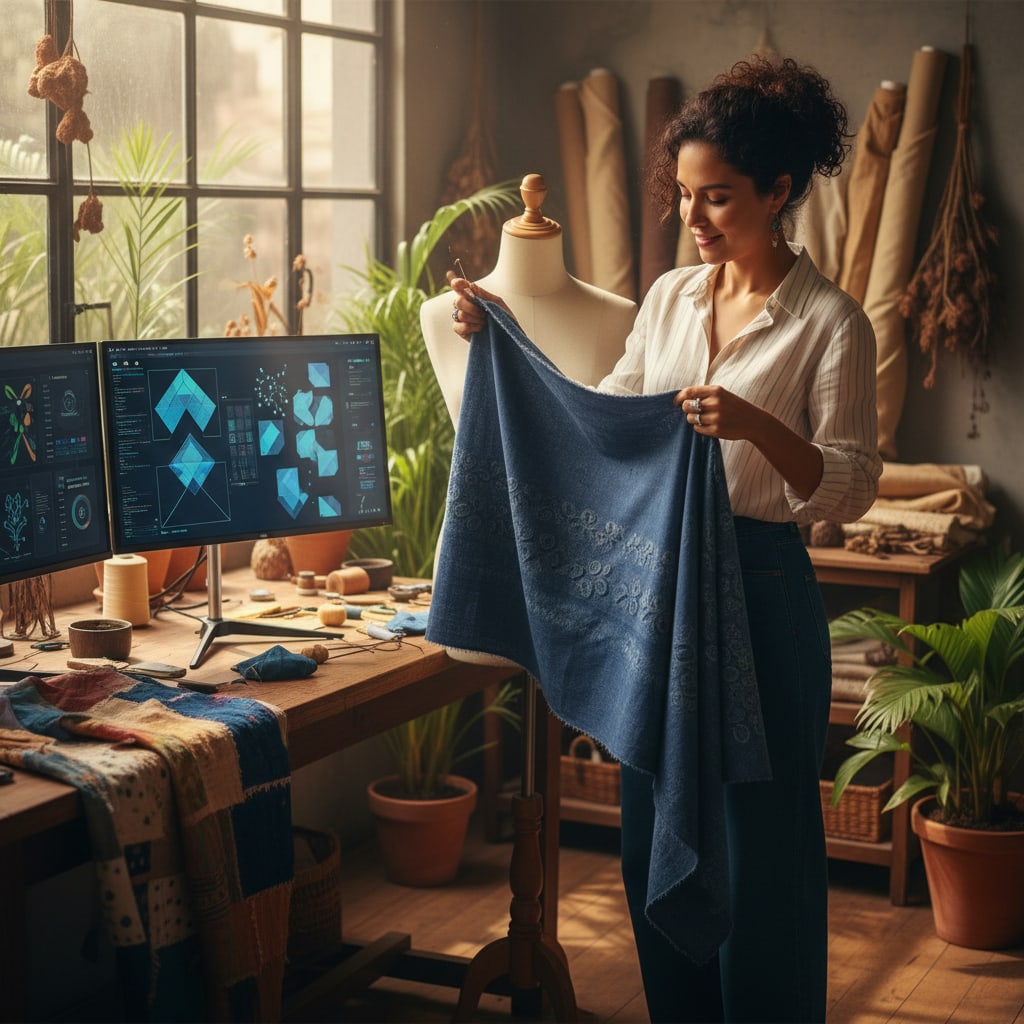 Ilustración sobre ia al rescate: cómo la tecnología transforma la sostenibilidad - El Secreto Verde de la Moda Colombiana: IA Salva el Planeta y Tu Clóset