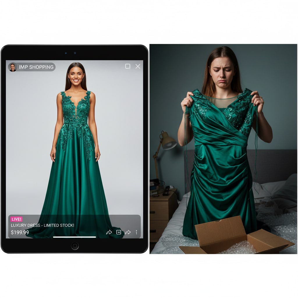 Ilustración sobre la promesa del escaparate en vivo: un baile de cifras y emociones - Live Shopping: El Espejismo Digital y el 'Fashion Fail' Post-Compra