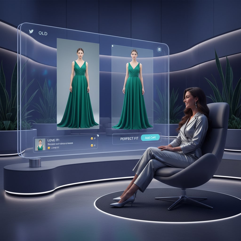 Ilustración sobre el antídoto digital: tecnología como puente entre expectativa y realidad - Live Shopping: El Espejismo Digital y el 'Fashion Fail' Post-Compra