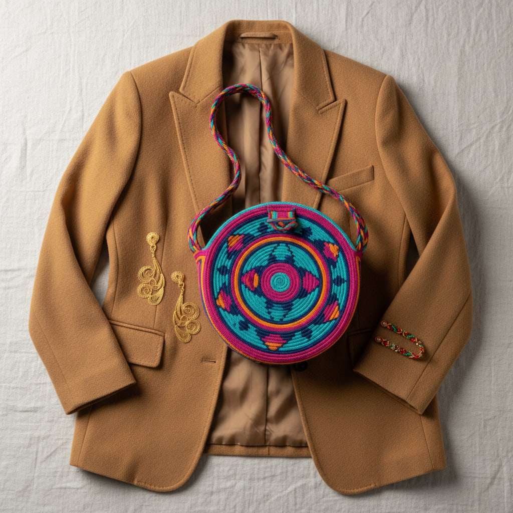 Ilustración sobre truco #1: la sinfonía de texturas y la explosión de color colombiano - Blazer Oversized: 3 Trucos Colombianos para un Estilo '¡Wow!'